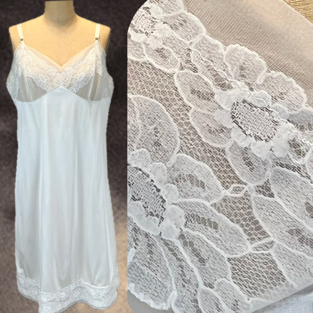 VINTAGE Sears nylon sheer lace dress slip nightgown lingerie white floral‎ 70s